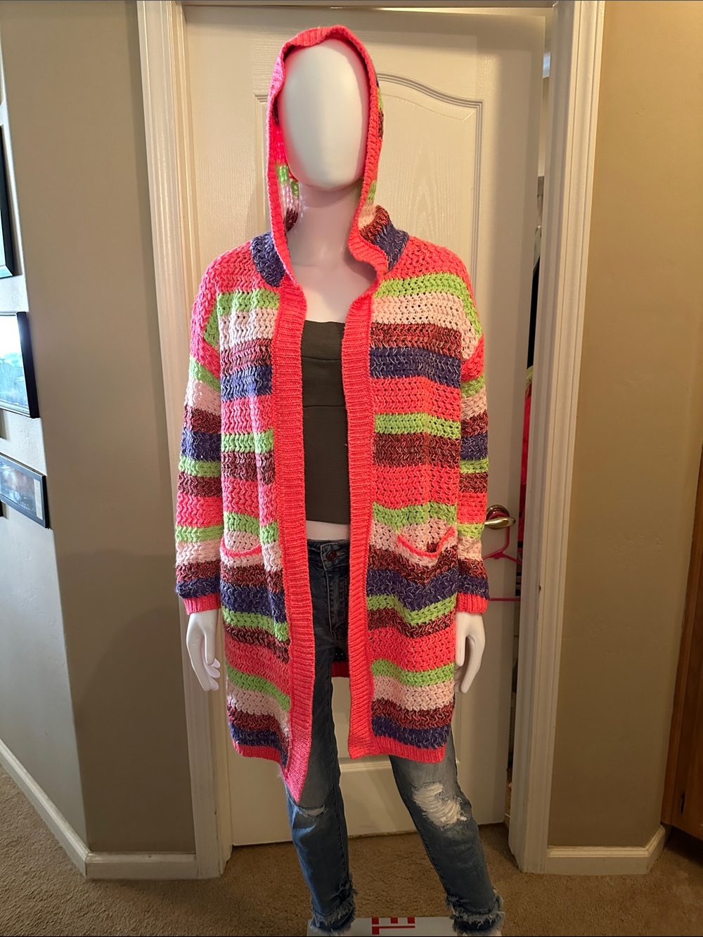 Neon Pink Multicolor Open Knit Striped Cardigan